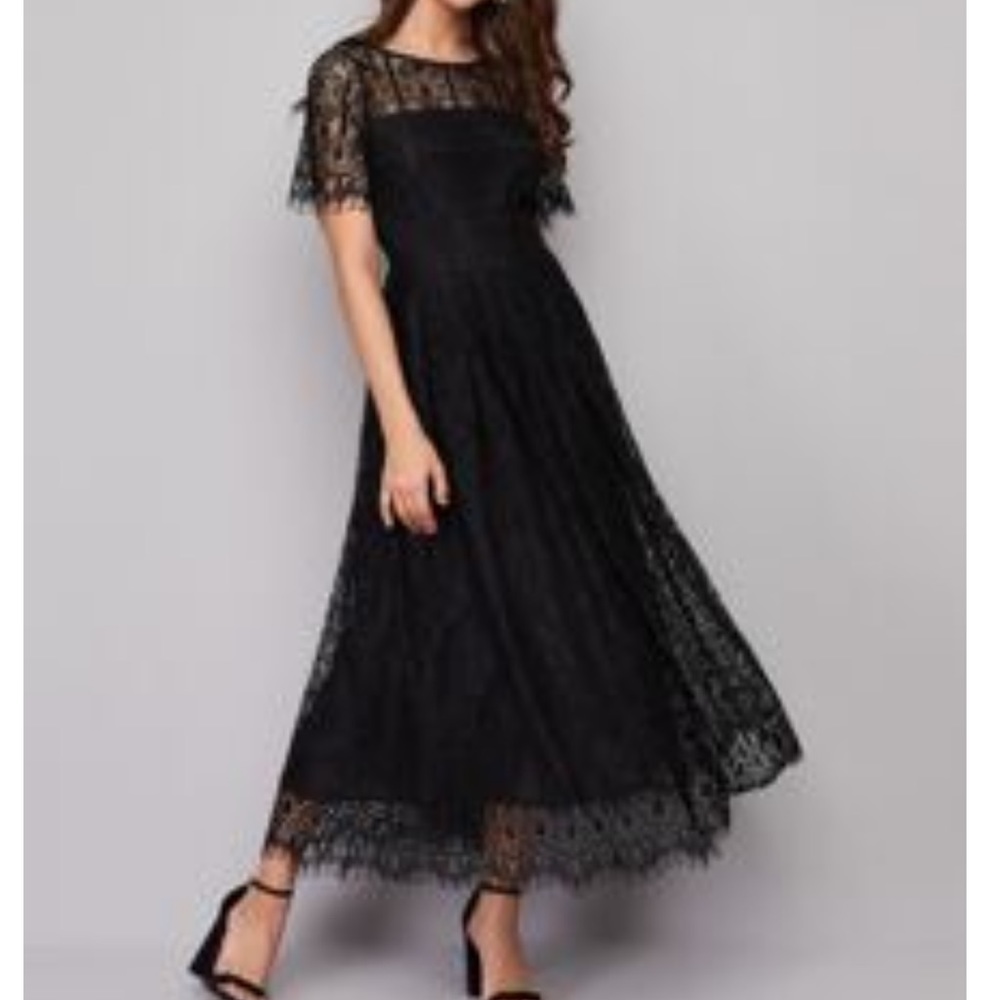 Solid Lace Tie Back Long Black Dress Lined Shein Prom Bridesmaids Dress